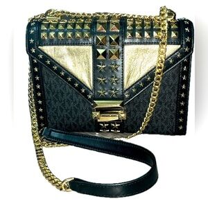 Michael Kors Whitney Large Star Embellished Logo Shoulder Bag, Black & Gold